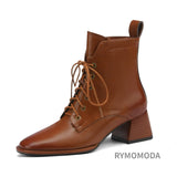Women Ankle Boots Handmade Luxury Genuine Leather Medium Heels Laces Black Short Boot Elegant Female Booties Designer Shoe