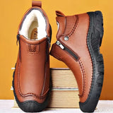 Men Boots Thick Plush Warm Snow Boots Leather Zipper Men's Ankle Boots Platform Non-slip Waterproof Mens Hiking
