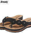 Women 2023 Summer Floral Wedges Flip Flops Pu Sewing Bohovintage Flower Outdoor Slippers Ladies Casual Beach Shoes