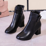 Ankle Buckle Decoration White Black Thick High Heel Ankle Boots Women 2023 Pointed Toe Keep Warm Elegant Short