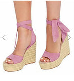 Large Size Beige Heeled Sandals Velvet Shoes Cross-Shoes Clogs Wedge 2024 Summer Espadrilles Platform Big Black High