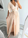 2022 Elegant Solid Flared Sleeve High Waist Long Dress Solid Color V-Neck Office Laddy Dress Summer Sexy Split Drape Dress