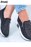 New Women Wedges Shiny Rhinestone Sneakers Spring Autumn Platform Height Increased Zipper Casual Ladies Vulcanized