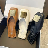 Designer Women Slippers Fashion Metal Buckle Mules Flat Heels Square Toe Shallow Shoes Outdoor Slide Female Casual