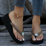 Thick Sole Sandals Summer Rhinestone Wedge Women Flip Flops Pearl Flower Platform Light Sildes Fashion Outdoor Shoes
