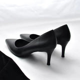 2023 New Soft Leather Black Professional High Heels Female Stiletto All-match Flight Attendant Single Shoes Work