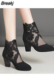 for Women 2023 High Quality Lace Flower Ankle Strap Hollow Out Sandals Round Toe Zip Women's High Heels Zapatos De