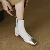 Women Genuine Leather Ankle Boots Square Toe Flat Ladies Zipper Mixed Colors Short Boot Autumn Winter Shoes Beige