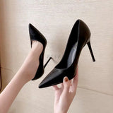 2023 New Soft Leather Black Professional High Heels Female Stiletto All-match Flight Attendant Single Shoes Work