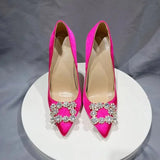 Square Rhinestones Women Rose Silk Satin Sexy Pointy Toe High Heel Wedding Bridal Shoes Elegant Ladies Stiletto