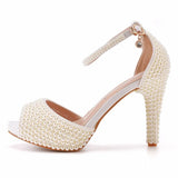 Queen Women Summer Sandals Sexy Bride Wedding Party White Shoes Peep Toe Thick High Heels Beige Pearl Platform