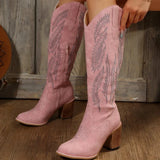 New Pink Knee-length Boots Women Embroidery Western Cowboy Boots Female Fashion Slip on Pointed-toe High Heel Knight