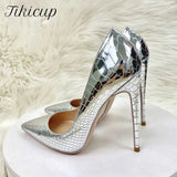 Silver Embossed Crocodile Effect Women Sexy Pointy Toe High Heel Party Shoes Bling Shiny Fashion Designer Stiletto