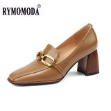 Women Pumps Natural Leather Shoes Plus Size 2022 Spring Thick High Heels Genuine Leather Shallow Ladies Party Black Luxury