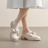 Leather mules metal chain bowknot women slippers creepers sandals Flat shoes thick soled cover toe slides plus size