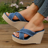 Strap High Wedge Slippers Women Summer 2023 Blue Denim Chunky Platform Sandals Woman Non Slip Thick Sole Slides Flip