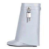 Lock Buckle Women's Mid Calf Boots Punk Style Round Toe High Heel Western Boots Luxury Designer Wedges Women's Short
