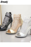 Spring Gold Glitter Rhinestone Mesh Ankle Sandals Boots High Heels 10CM Sexy Booties Peep-toe Pumps Lady Party