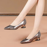 Leather Pointed Toe Shallow Casual Low Heels Shoes Luxury Rhinestone Non-Slip Office Shoes Vintage Slip On Women Single