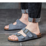 New Summer Men Beach Suede Cork Slipper Couple Shoe Casual Nubuck Leather Women Outdoor Double Buckle Slide