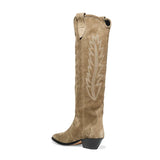 Women's High Boots Nude Black Suede Embroidered Knee High Boots Women Sexy Pointed Toe Spike Kitten Heels Knight