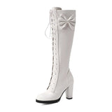 2022 Autumn Winter Women Knee-High Motorcycle Boots Thick Heel Platform Bow-knot Female Wedding Boots Plus Size 48