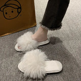 2023 Korean Version Of The New Flat-Bottomed Woolen Slippers Wear Fashionable Flip-Flops, Feathers, Morning Robes And
