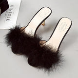 Slippers Summer 2021 New Fashion Hairy Stiletto Sandals & Slippers Women Word Drag Open Toe Wear High Heel Slippers