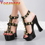 Rivet Women Slides Summer Pumps T-Belt Hollow Out Sexy Pole Dancing Shoes Thick Platform Models High Heels Sandals