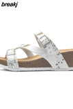 Fashion Women Wedge Cork Slipper 2023 New Summer Beach Outside Buckle Trifle Platform Med Heel Slide