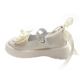 Sweet Pearls Bowknot Lolita Shoes Women Heart Buckle Thick Bottom Mary Jans Woman Pu Leather Platform Jk Shoes