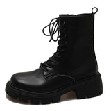 PU Leather Ankle Boots for Women Thick Heels Platform Combat Booties Woman 2023 Autumn Fashion Lace Up Motorcycle