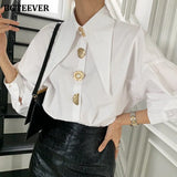 Stylish Chic Lantern Sleeve Women White Shirts Blouses Spring Buttons Loose Female Shirts Tops Elegant Ladies