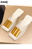 Designer Women Slippers Fashion Metal Buckle Mules Flat Heels Square Toe Shallow Shoes Outdoor Slide Female Casual