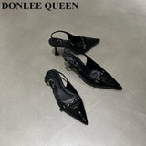 Slingback Sandals Women Med Heels Pumps Rivet Shoes Elegant Pointed Toe Female Mules Dress Slides Denim Sandalias