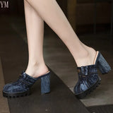 2021 Summer Women Sandals Baotou Denim Slides Shoes Square Heels Bottom Outdoor Beach Casual Platform Non-slip Footwear