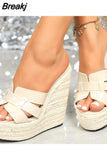 Club Queen Lady Sandals Plus Size 2023 Summer Wedge High Heeled Slipper Straw Bottom Simply Causal Platform Sandals