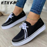 Women's Canvas Shoes 2023 Spring New Solid Denim Fabric Ladies Lace Up Casual Loafers 35-43 Large-Sized Female Comfy