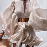 Early Autumn Women New O Neck Lantern Sleeves Dress Casual Solid Color Thin Ruffled Dresses Office Lady Party