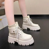 Boots Rock Shoes Woman Boots-Women Flat Heel Luxury Designer Round Toe Lace Up Winter Footwear 2023 Ankle Med Lolita