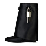 Lock Buckle Women's Mid Calf Boots Punk Style Round Toe High Heel Western Boots Luxury Designer Wedges Women's Short