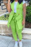 Striped Print Two Piece Set Women Sleeveless Blazer Coat And Sashes Pants Outfits Office Lady Elegant Work 2pcs