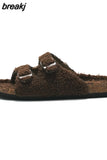 New Winter Plush Inside Women Slipper Casual Fashion Home Buckle Artificial Fur Slip on Soft Slides