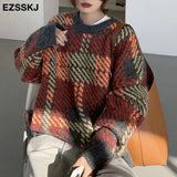 sweater plaid blue oversize Sweater Pullovers Women winter autumn thick O-neck chic 2021 sweater long sleeve