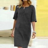 2020 Winter Autumn Button Cotton Linen Dress women Elegant O-Neck Knee length Long Sleeve Pocket Solid Dress Plus Size