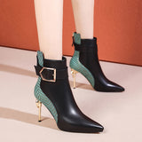 Black Soft Leather Women's Boots Retro Belt Buckle Pointed Toe Boots Side Zipper High Heels Shoes for Women