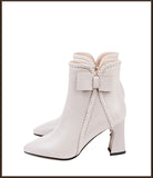 Black Thick High Heel Ankle Boots Women 2023 Pointed Toe Keep Warm Elegant Short Booties Ladies Bow