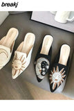 Size 35-42 Slippers Women Slip On Slides Flat Pointed Toe Embroider Mules Shoes Women New Casual Flip Flops zapatillas