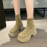 Women Platform Ankle Boots Suede Black Khaki Elastic Thin Boots Chunky High Heel Slip on Gothic Short Botas