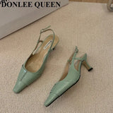 Spring New Brand Pointed Toe Slingback Shoes Thin Heels Shallow Slip On Ladies Elegant Sandals Green Pumps For Dress